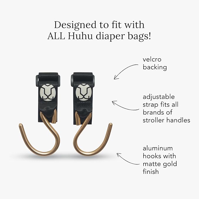 Huhu Essential Stroller Hooks - Lightweight Aluminum Stroller Bag Hook with Adjustable Straps, Matte Gold S-Hooks for Diaper Bag, Shopping, Everyday Essentials – Universal Fit Baby Stroller Accessory