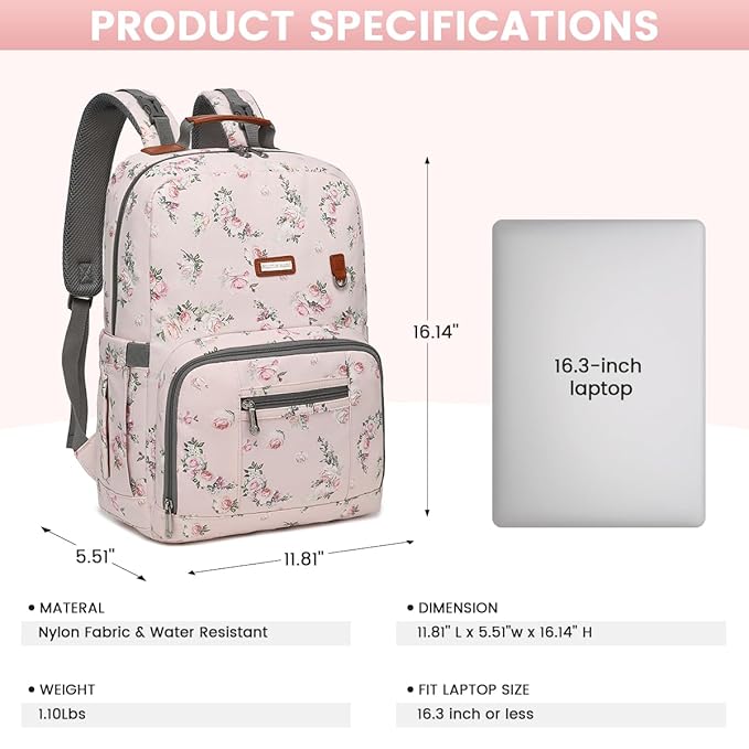 BILLITON MASHI Diaper Bag Backpack, Large Baby Nappy Bags with Portable Changing Pad for Boys and GirlsMultifunction Travel Baby Bag for Moms Dads, Shower Gifts Waterproof and Stylish，Flower Pink