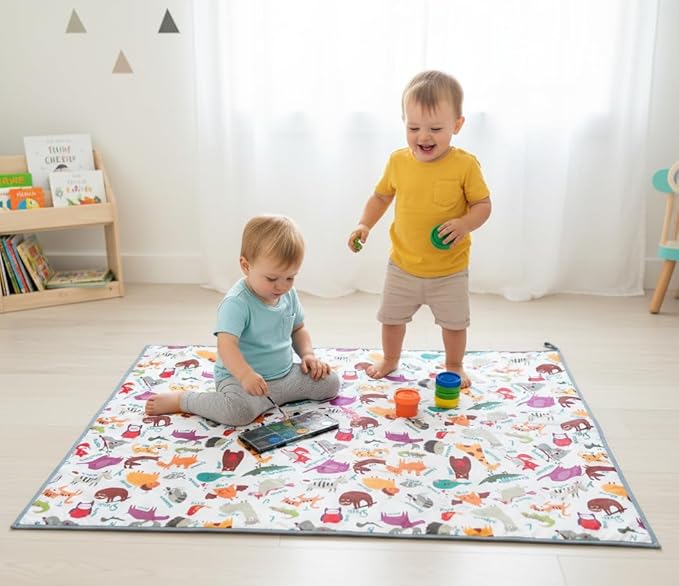 Waterproof High Chair Splat Mat – Machine Washable Floor & Table Protector for Baby Feeding, Art & Crafts, Outdoor Use (Zoo, 57x59 Inch)