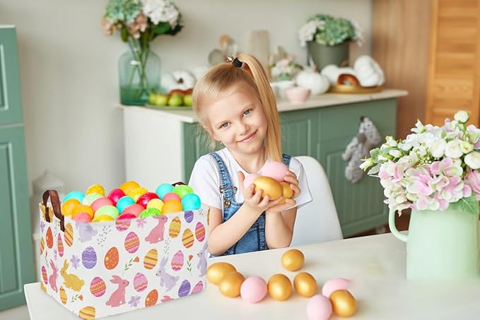 Sanjiaofen Rectangular Easter Baskets, Kids Easter Basket Organizer.Cute Storage Basket with Handles.Boys and Girls,Easter Bunny Eggs Decor,Toys,Books,Easter Gifts (Rabbit Easter Eggs ) …