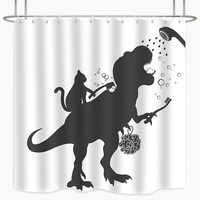 Cat Dinosaur Shower Curtain Funny Cartoon Cat Dino Bathe for Kids Boys Trex Silhouette Shadow Black White Design Artwork Bathroom Decor Waterproof Fabric 72Lx72W Inch with Hooks