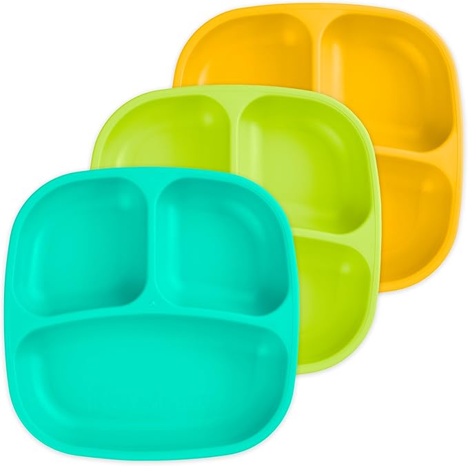 Re-Play Toddler Plates with Dividers - Deep-Walled 3 Compartments Divided Plates for Kids - Dishwasher & Microwave Safe - Made in USA - Set of 3-7.37" x 7.37" x 1.25" - Aqua, Lime, Yellow