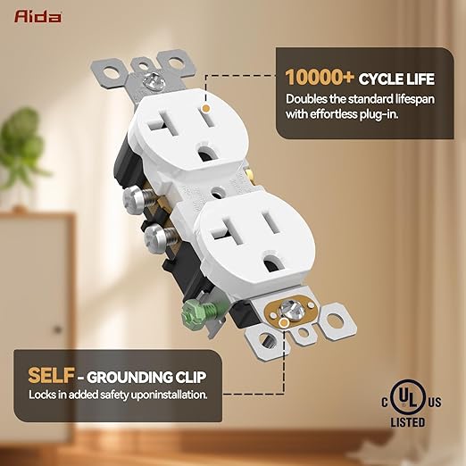 AIDA 20 Amps Outlets Duplex Electrical Receptacle Outlets, Electrical Outlet, 20Amp 125V Heavy-Duty Wall Outlet, Residential, 3-Wire, Self-Grounding, UL Listed, Side Wire (10 Pack, White)