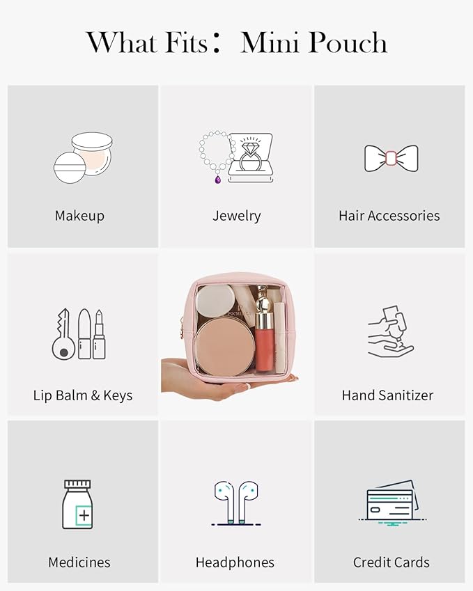 Pocmimut Clear Makeup Bag, Easy to Find Mini Makeup Bag for Purse, Travel Makeup Bag for Car, Compact Cosmetic Pouch for Daily Essentials,Pink