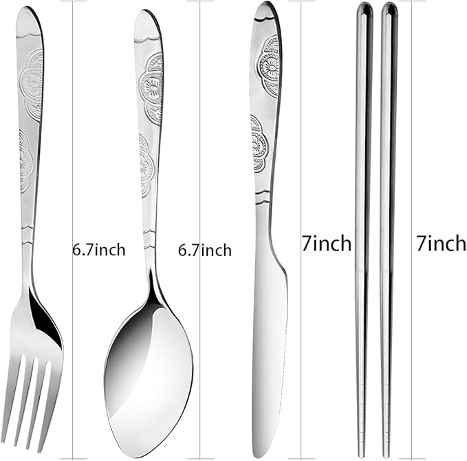 Arroyner 3 Pack Reusable Flatware Sets Knife, Fork, Spoon, Chopsticks, 12Pcs Portable Travel Stainless Steel Tableware Dinnerware with Carrying Case