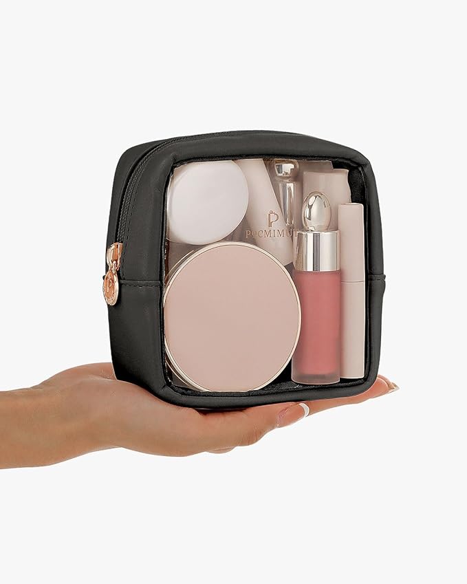Pocmimut Clear Makeup Bag, Easy to Find Mini Makeup Bag for Purse, Travel Makeup Bag for Car, Compact Cosmetic Pouch for Daily Essentials,Black