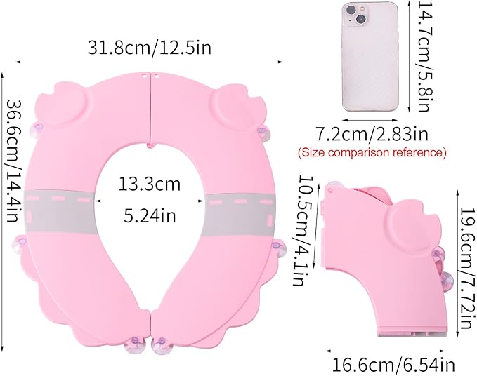 Portable Potty Training Seat，Upgraded Non-Slip-Anti pinch buttocks, One-handed Removal Folding Travel Potty Seat for Toddlers & Kids, 6 suction cups firmly adhere, Fits All Shape Toilets(Pink)