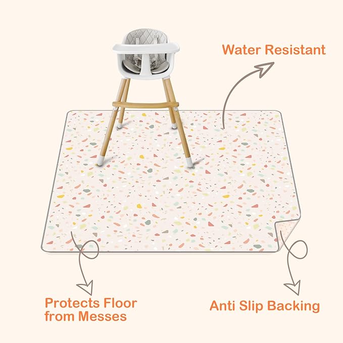 CLYMENE Splat Mat for Under High Chair | 51x51 Inch Anti-Slip Baby Splash Mat | Waterproof & Washable Spill Mat for Highchair Floor and Infant Play (Terrazzo Treasure)