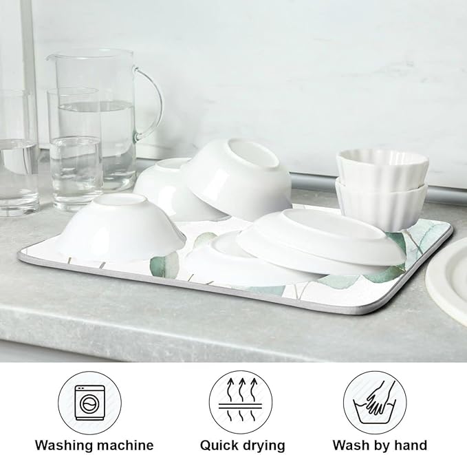 Sage Green Leaves Dish Drying Mat for Kitchen Counter Watercolor Branch Plant Drying Mat 18 x 24 Inch with High Absorbent Reversible Microfiber Dish Drying Pad Drainer Mat for Coffee Bar