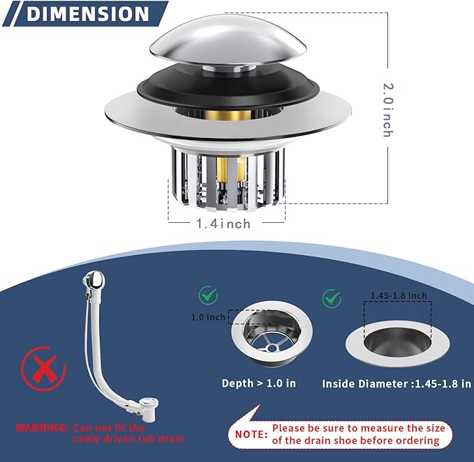 Universal Tub Stopper Bathtub Drain, Drain Hair Catcher and Cover, Pop Up Tub Stopper Bathtub Drain Plug Cover Replaces Bath Tub Lift and Turn, Tip-Toe and Trip Lever Bathtub Drains (Silver)