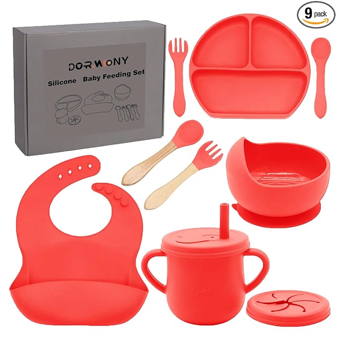 100% Silicone baby feeding set,BPA free Baby dishes set with Suction Bowl Divided Plate,Toddler Self Feeding Dish Set with Spoons Forks Sippy Cup And Bib, Baby Eating Utensils (Scarlet)
