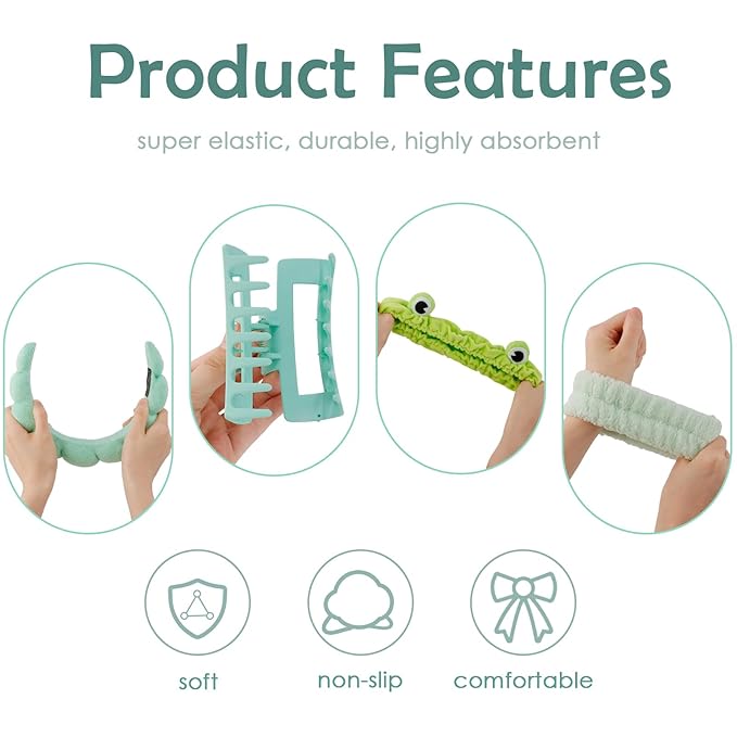Canitor Spa Headband Wrist Bands with Hair Clips Green Frog Makeup Skincare for Washing Face Skin Care Preppy Teen Girl Gifts Cute Trendy Stuff Hair Accessories for Women