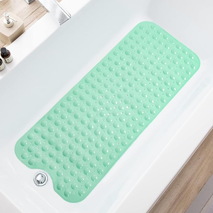 TEESHLY Bath Tub and Shower Mats, Non-Slip 39 x 16 Inch Extra Long Bathtub Mat, Machine Washable BathMat with Drain Holes, Suction Cups for Bathroom (Opaque Pale Green)