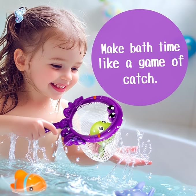 No Hole Bath Toys for Kids Ages 1-3, 8 Pcs Ocean Bath Toys with Storage and Net, Sealed & Squeezable & Float on Water