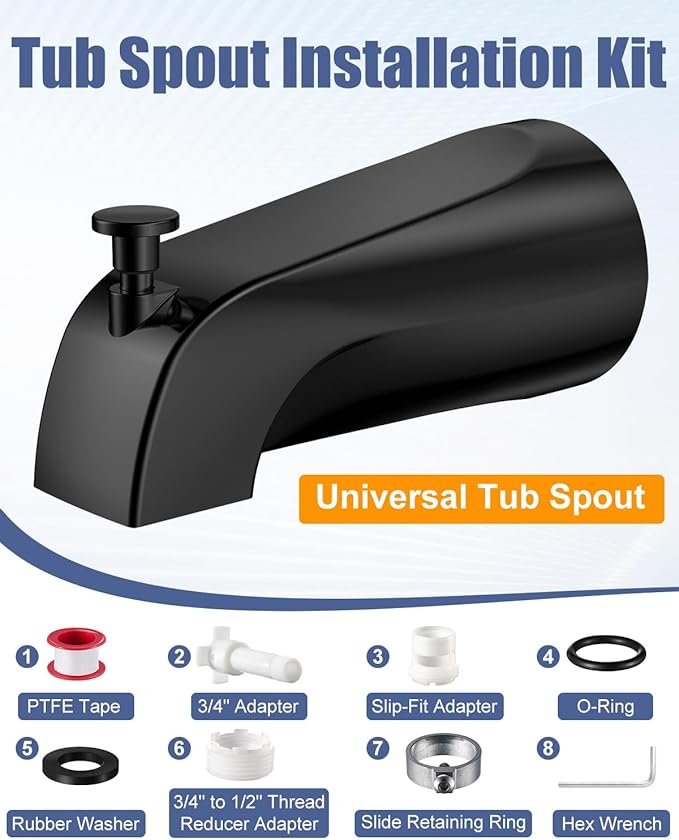 Universal Bathtub Tub Spout with Diverter, Fits 1/2" Slip-Fit Copper Pipe and 1/2" IPS & 3/4" IPS Thread Connections,Bathroom Tub Faucet Replacement with Adapters,PTFE Tape and Hex Wrench(Matte Black)