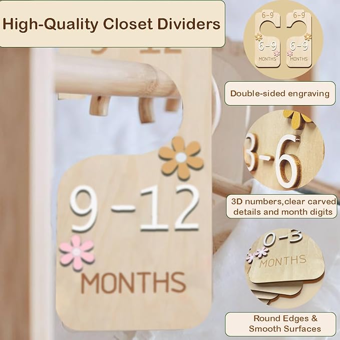 eoscasely Baby Closet Divider - 3D Double-Sided Wooden Baby Wardrobe Baby Closet Organizer,Daisy design Nursery Decor Clothes Hanger Dividers for Sorting 8 Sizes from Newborn to 24+ Months