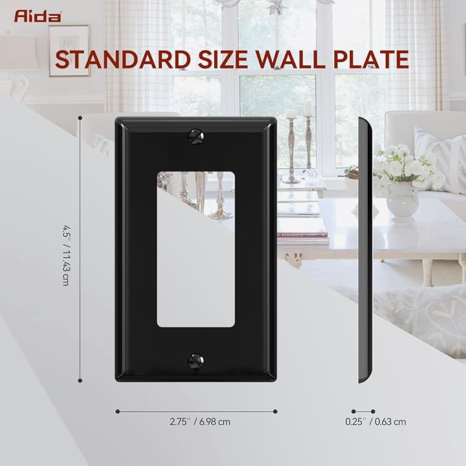 AIDA 1-Gang Decorative Receptacle Wall Plate,Standard Size Decorator Covers, Unbreakable Polycarbonate Faceplates for Decorator Device, UL Listed, Screws Included (50 Pack, Glossy Black)