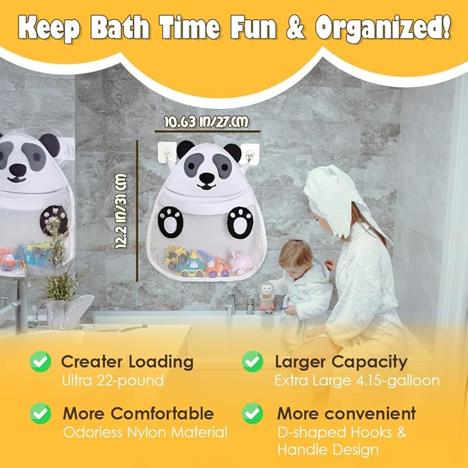Baby Bath Toy Organizer, Reusable Large Capacity Quick-Dry Mesh Storage Bag with Suction Cups for Kids Bathroom Shower Toy Storage