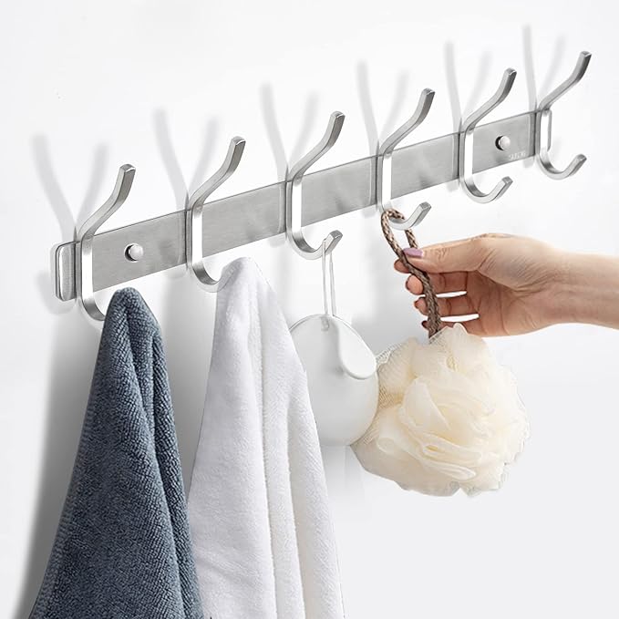 HAMUTH Wall Hooks Heavy Duty, 17 Inch Coat Rack Wall Mount with 6 Hooks, Silver Wall Hooks for Hanging Backpack, Bag, Purse, Clothes, Hat, Coat, Towel | Entryway & Bathroom Storage Organization Hanger