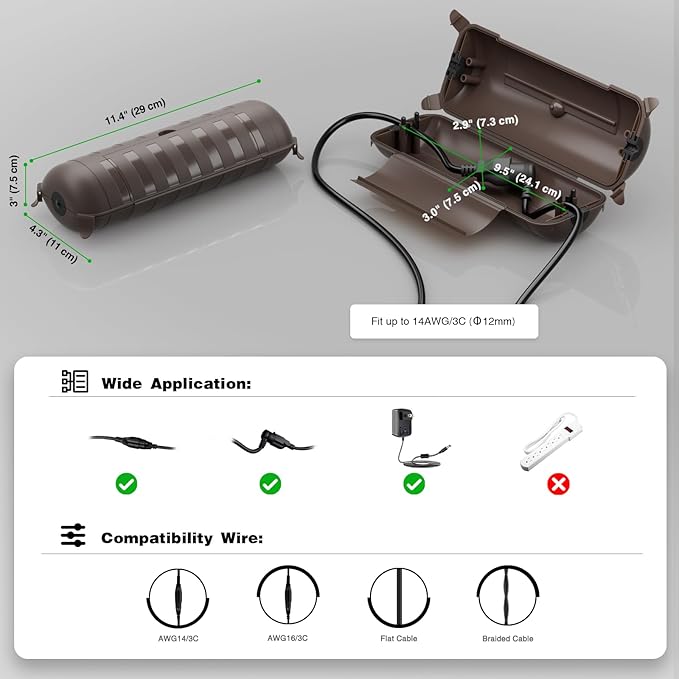 Flemoon Outdoor Extension Cord Safety Cover with Waterproof Protector Seal, Weatherproof Electrical Connection Box, Brown