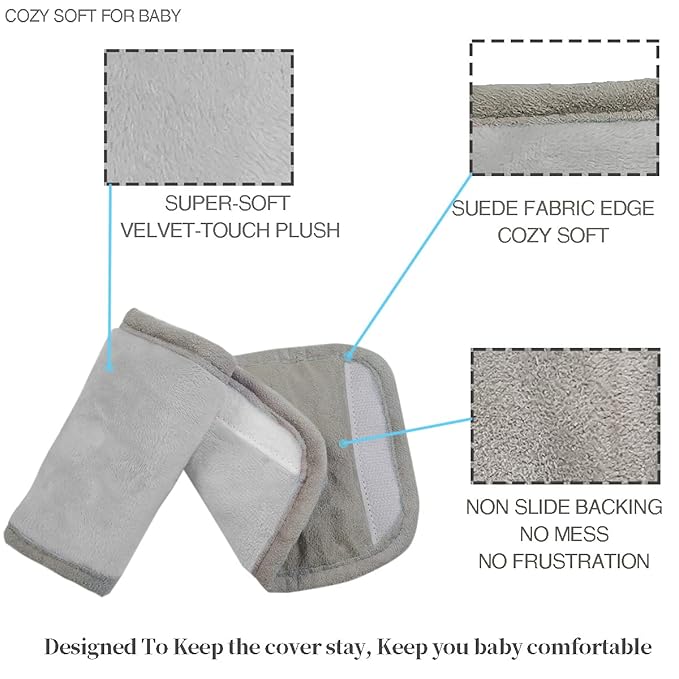 Car Seat Strap Covers for Baby Kids, Seat Belt Covers Strap Pads Cushion for boy Girl, Protect Neck and Shoulder rubbing, Anti-Slip Design, Universal for Stroller/Carrier/Pushchair Grey