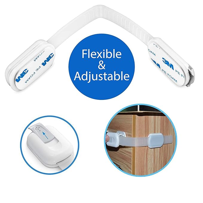 Child Safety Cabinet Strap Locks - OKEFAN 12 Pack Baby Proofing Adhesive Latches for Kids Drawer Cupboard Dishwasher Fridge Oven Door No Drill (White)
