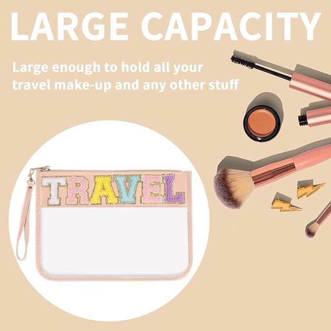Iqimott Chenille Letter Clear Bag Travel Pouch, Monogram PVC & PU Makeup Cosmetic Bag Zipper Toiletry Pouch, Waterproof Portable Beach Snack Wristlet Bags for Women Girls(Travel, Pink)