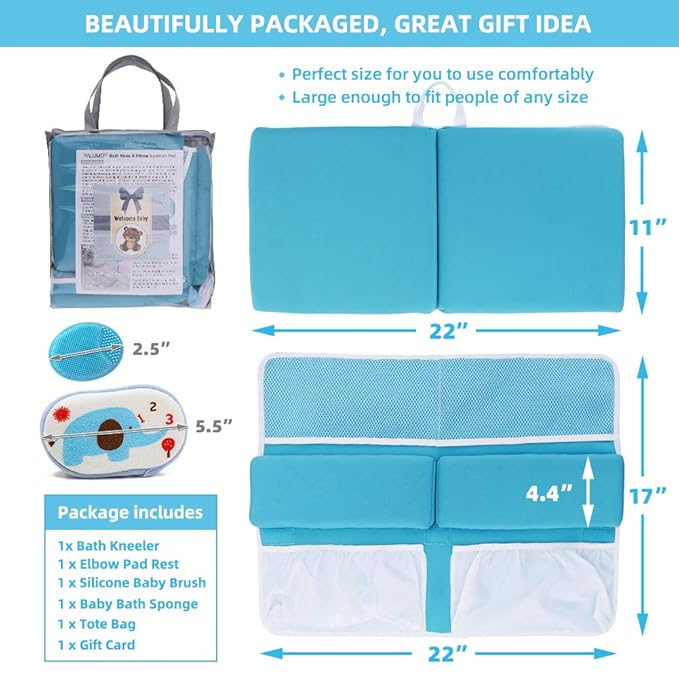 Bath Kneeler and Elbow Rest Set Thick Baby Bath Kneeling Pad Bathing Kneeling Mat Cushion Washable Padded Bathtub Knee Saver with Arm Support and Pockets Organizer for Bathroom Bathtime Comfort, Blue