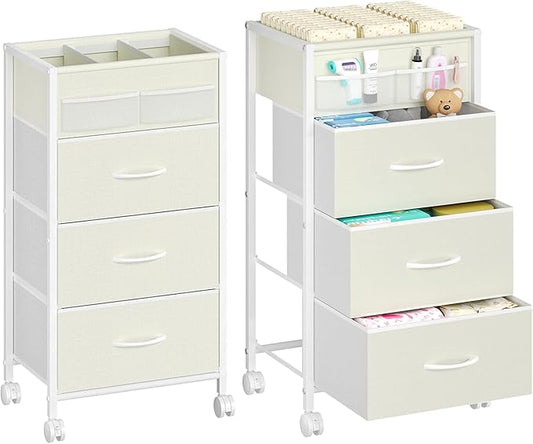 4-Tier Baby Diaper Caddy Organizer Cart with 3 Storage Drawers, Rolling Cart with Dividers & Side Pockets for Nursery, Baby Essentials, Toys, Wipes & Creams, Portable Baby Storage Cart & Station