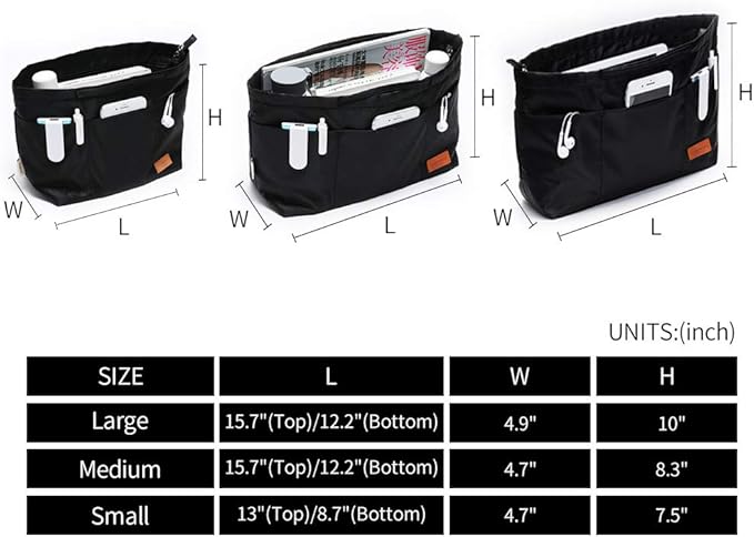 iN. Purse Organizer Insert with zipper Nylon fabric for women Handbags & Totebag, black, Medium: 15.7"(Top)/12.2"(Bottom) L × 4.7" W × 8.3" H