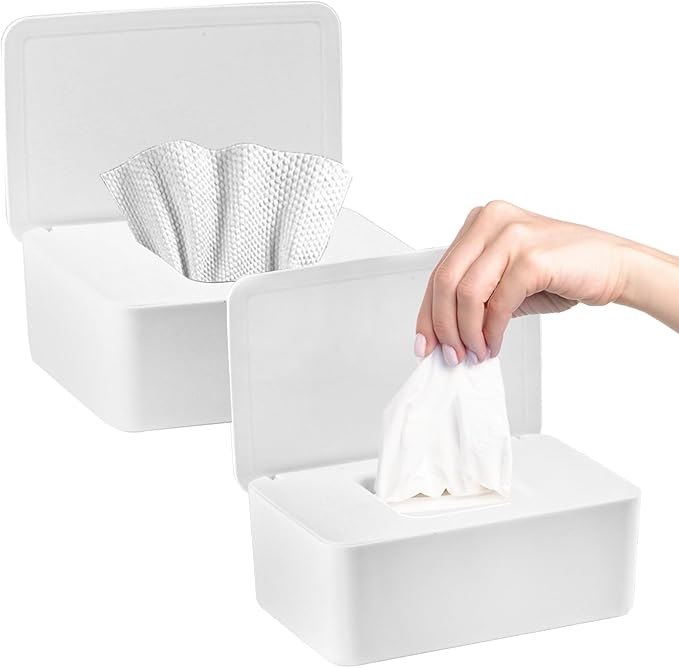 QBXMY7 2Pcs Diaper Wipes Dispenser, Refillable Wipe Container, Wipe Container with Sealing Design Lid, Keep Wipes Fresh,Wet Wipes Cases (White and White)