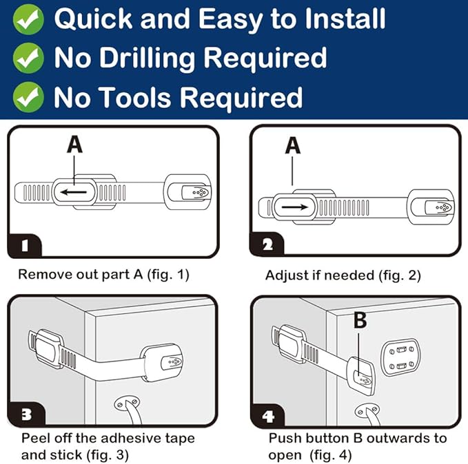 Socub 12 pack Child Safety Cabinets Strap Locks, Multi Use Latch with Strong Adhesive Pads, for Cabinets, Drawers, Oven, Toilet Seat, Fridge