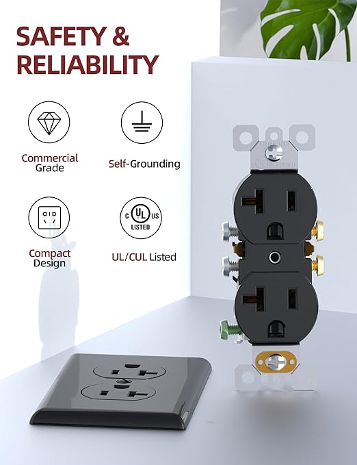AIDA 20 Amps Outlets Duplex Electrical Receptacle Outlets, Electrical Outlet, 20Amp 125V Heavy-Duty,Wall Plate Included,Residential, 3-Wire, Self-Grounding, UL Listed, Side Wire (10 Pack, Black)