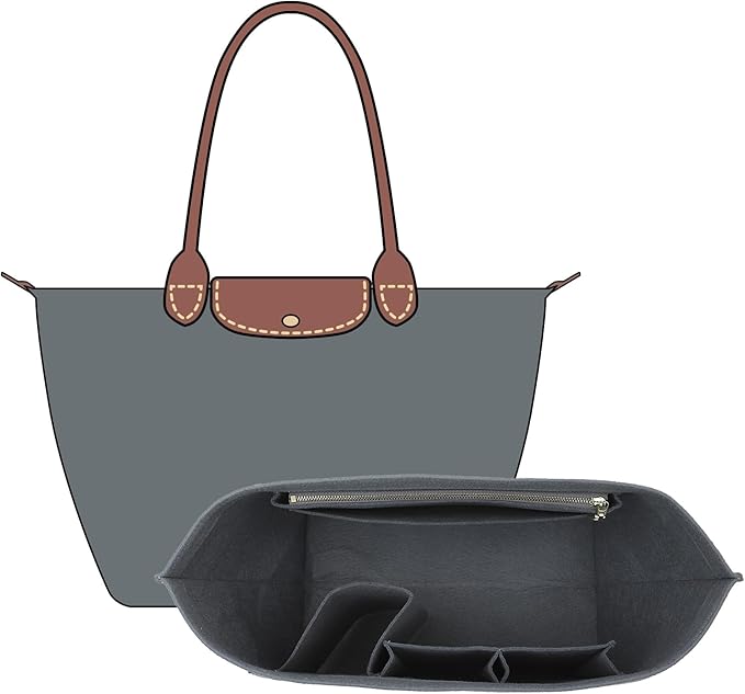 Premium Felt Purse Organizer Insert Compatible with Longchamp Le Pliage Large and More, Zipper Long Champ Bag Organizer Insert with Cup Holder, 8 Compartments (Light Gray,L)
