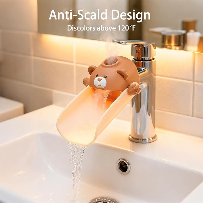 Skyroku Faucet Extender for Kids, Temperature-Sensitive Faucet Spout Extension for Independent Hand Washing - Cute Bear Design, Fits Most Bathroom & Kitchen Sinks (Brown&Green)