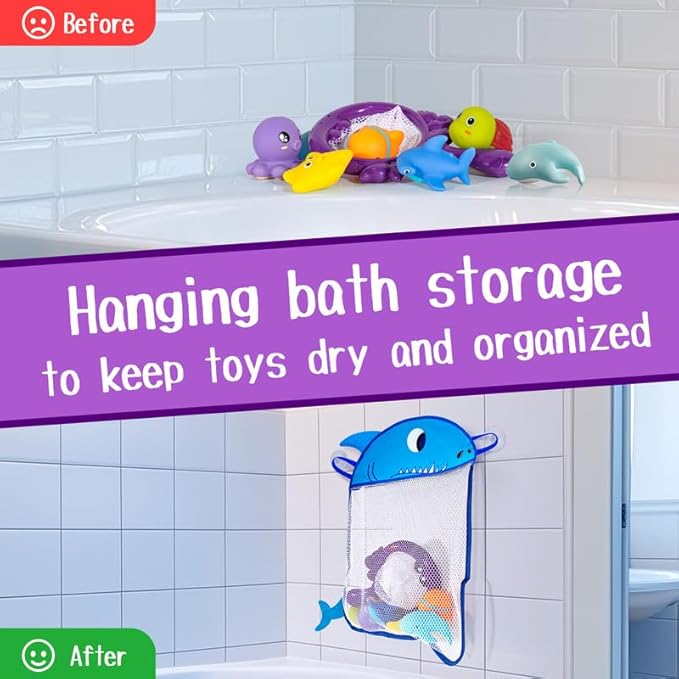 No Hole Bath Toys for Kids Ages 1-3, 8 Pcs Ocean Bath Toys with Storage and Net, Sealed & Squeezable & Float on Water
