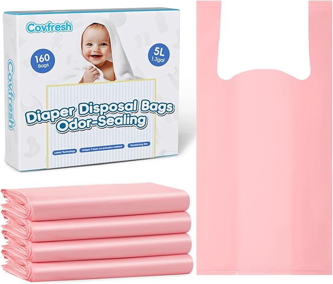 Odor Sealing Diaper Disposable Bags with Tie Handle, 160 count | Large Capacity, Unscented & Durable Diaper Trash Bags for Home & Baby Travel Use (Color:Pink)