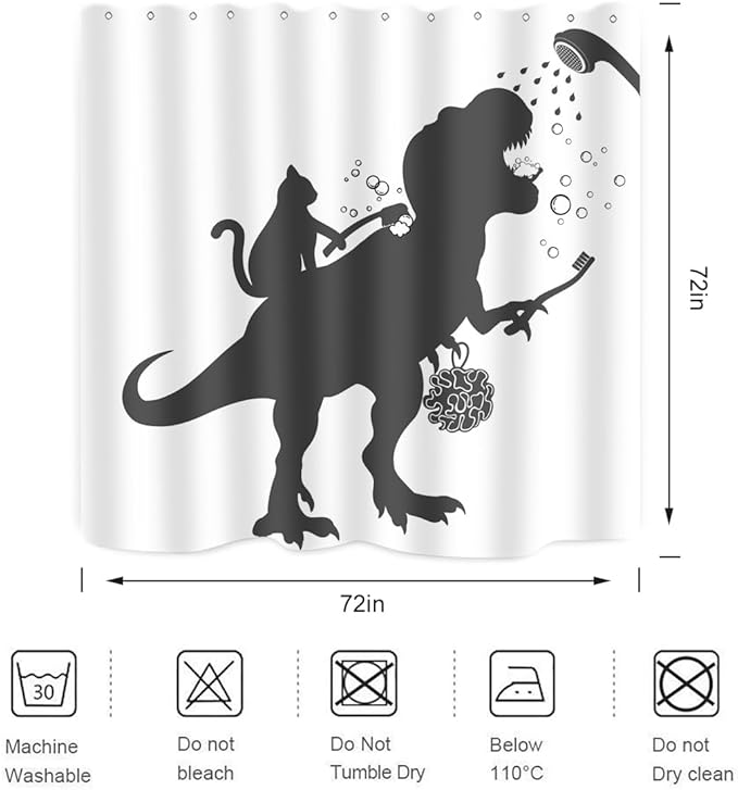 Cat Dinosaur Shower Curtain Funny Cartoon Cat Dino Bathe for Kids Boys Trex Silhouette Shadow Black White Design Artwork Bathroom Decor Waterproof Fabric 72Lx72W Inch with Hooks