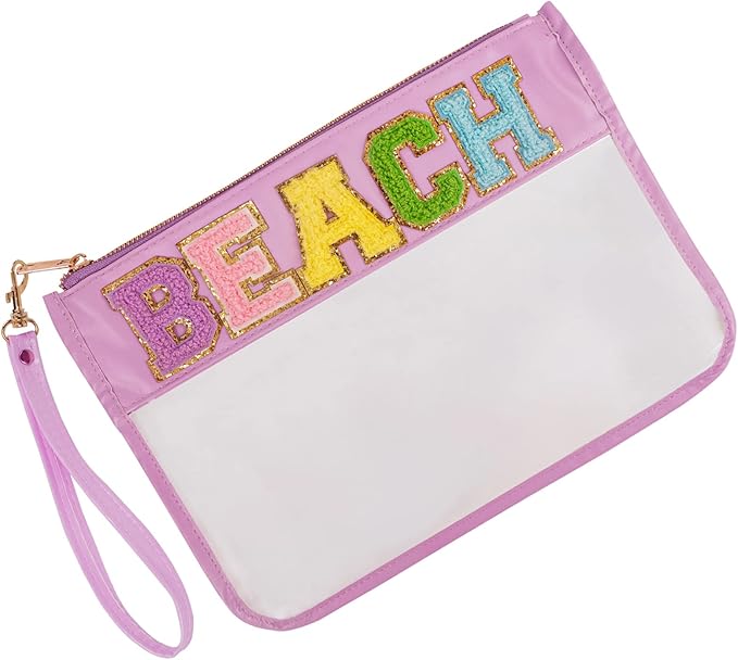 Iqimott Monogram Clear Letter Beach Bag Flat Pouch, Chenille Glitter Letter Patch Makeup Cosmetic Bag Zipper Toiletry Pouch, Portable Travel Beach Snack Wristlet Bags for Women Girls(Beach, Purple)