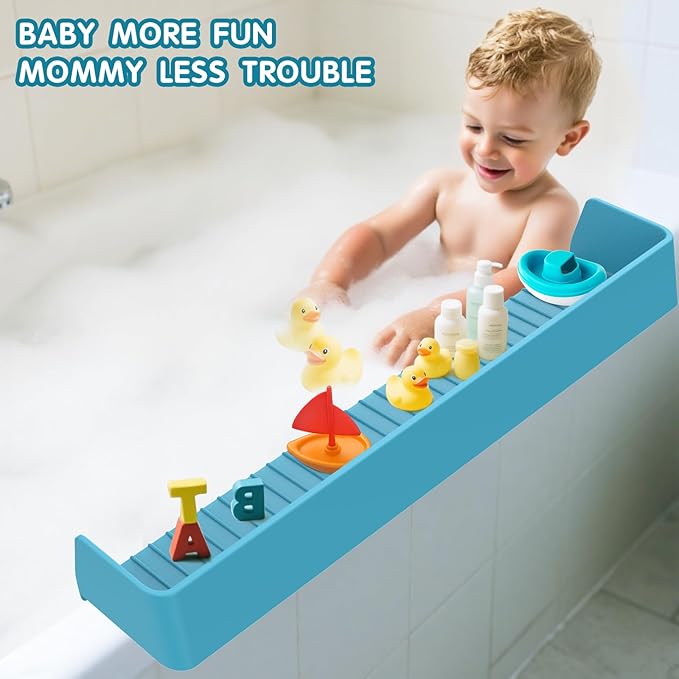 Bathtub Splash Guard for Tub Kids, Longer Silicone Water Splash Guard for Bathtub, Toy Holder Play Shelf for Bathtime, Prevents Water Spills in Bathroom