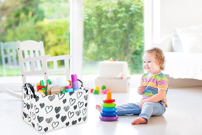 Sanjiaofen Rectangular Kids Baskets,Heart Storage Bins Organizer.Cute Storage Bin with Handles. Kids Basket,Girls Room Decor,Books Basket, Gifts Bins Empty.(Black Heart)