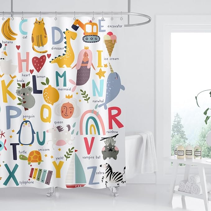 Kids ABC Shower Curtain Alphabet Educational Learning Tool Toddler Baby Cartoon Animals Girls Boys Colorful Bath Curtain Decor Waterproof Fabric 72Lx72W Inch with Hooks