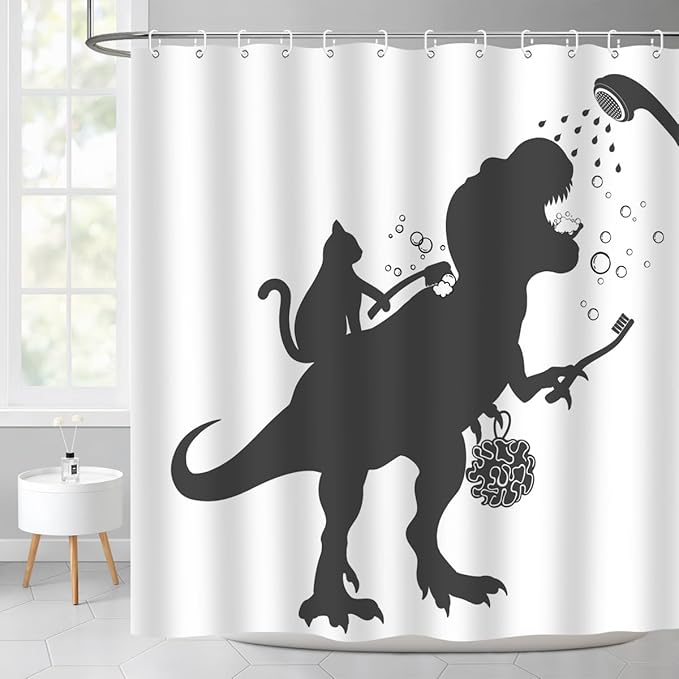 Cat Dinosaur Shower Curtain Funny Cartoon Cat Dino Bathe for Kids Boys Trex Silhouette Shadow Black White Design Artwork Bathroom Decor Waterproof Fabric 72Lx72W Inch with Hooks