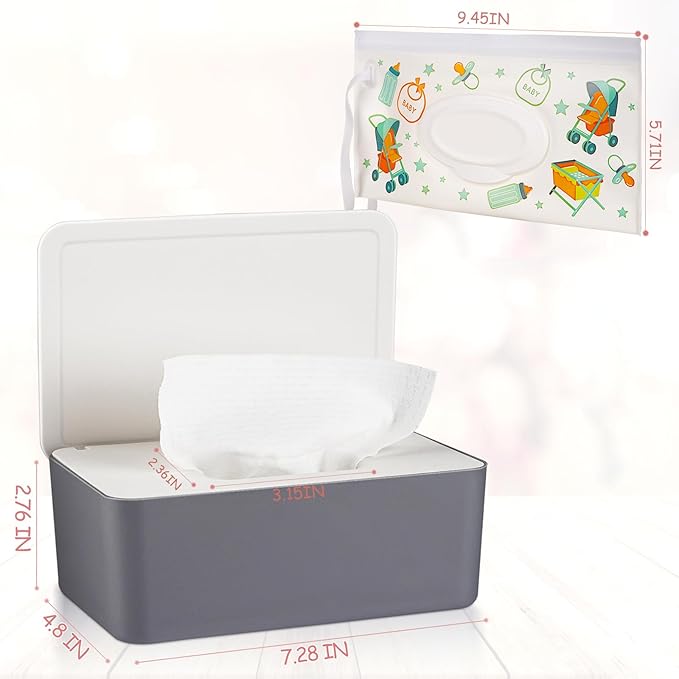Diaper Wipes Dispenser Wipes Holder, Wipes Tissue Case Keeps Wipes Fresh Tissue Wipes Container with Lid (Grey)