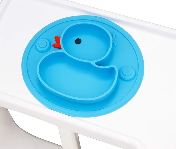 Linowos Baby Divided Plate Silicone- Portable Non Slip Child Feeding Plate with Suction Cup for Children Babies and Kids BPA Free Baby Dinner Plate Microwave Dishwasher Safe … (Duck-Blue)
