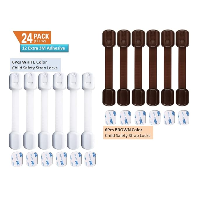 Child Safety Strap Locks - 24 Pcs Baby Proofing kit - Cabinet, Drawer, Cupboard, Toilet Seat, Refrigerator, Oven, Dishwasher Locks - 3M Adhesive Adjustable Toilets Seat Fridge Latches - No Drilling
