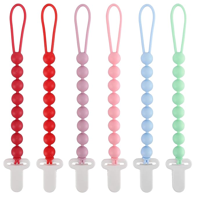 6-Pack Silicone Pacifier Clips for Babies, Safe Teething Beads, Rust-Free Holders, Baby Boy and Girl Essentials, Newborn Must-Have Accessories, BPA-Free (Pink)