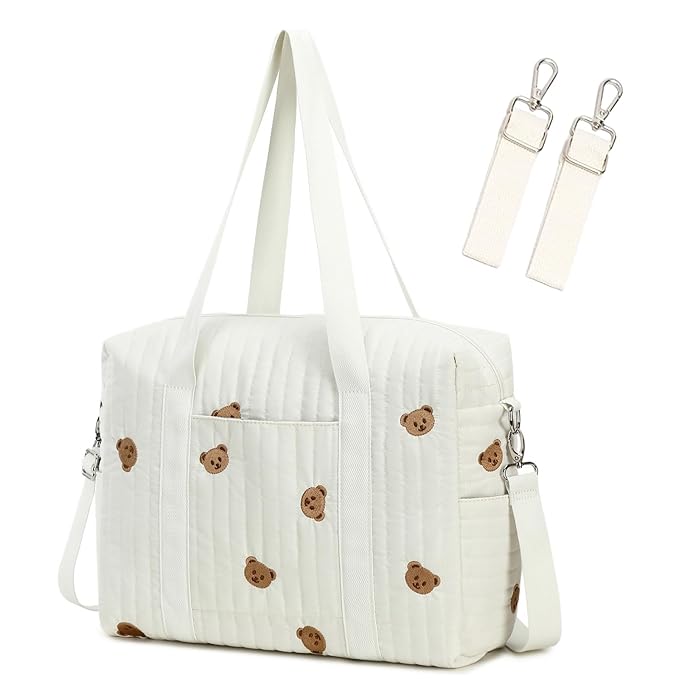 Diaper Bag Tote with Insulated Pockets and Stroller Hooks for Travel (White, Medium)