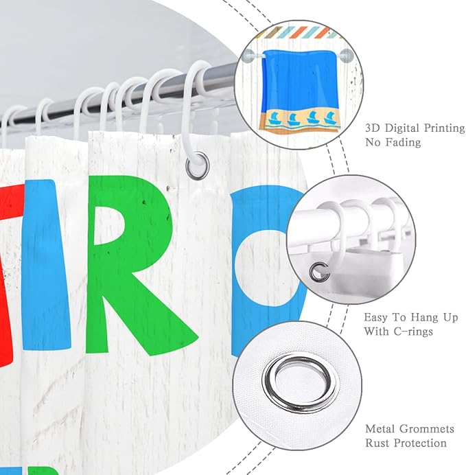 Kids Bathroom Rules Shower Curtain Cute Colorful Quotes Wood Planks Words Funny Teen Boy Girl Restroom Bathtub Decor Waterproof Cloth Fabric 72Lx72W inch with 12PCS Hooks