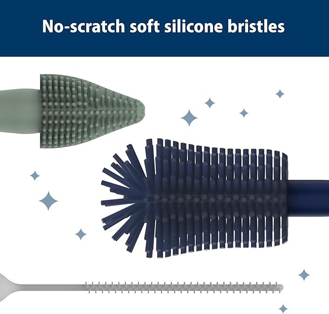 Dr. Brown's Silicone Cleaning Brush Set with Bottle, Spout, and Straw Brush, 3-Pack + Soft Touch No Scratch Baby Bottle Cleaning Brush, Blue